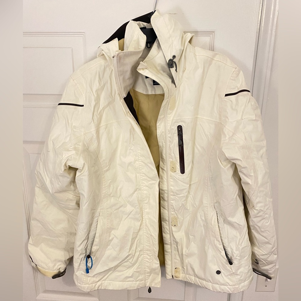 Lands’ end weather proof down jacket with hood, white, size M(8-10)